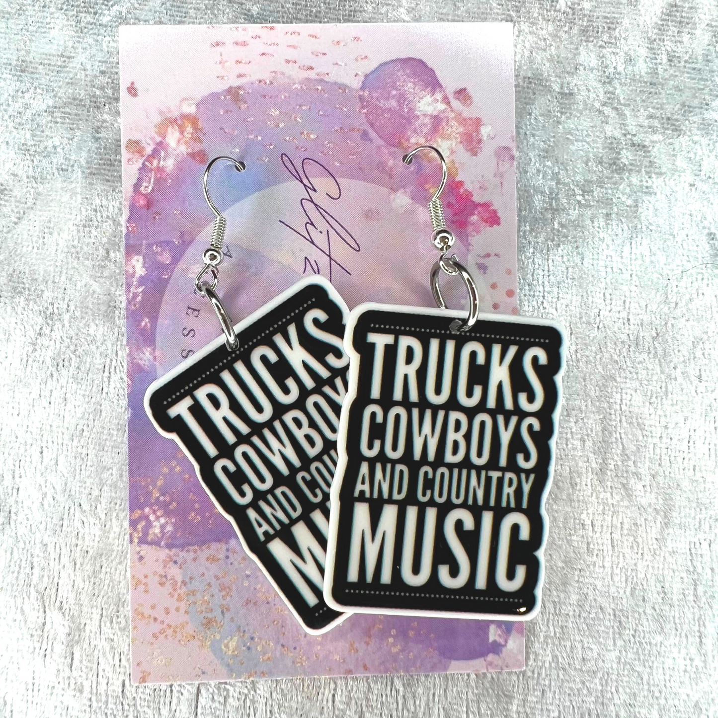Trucks, Cowboys & Country Music Slogan Earrings