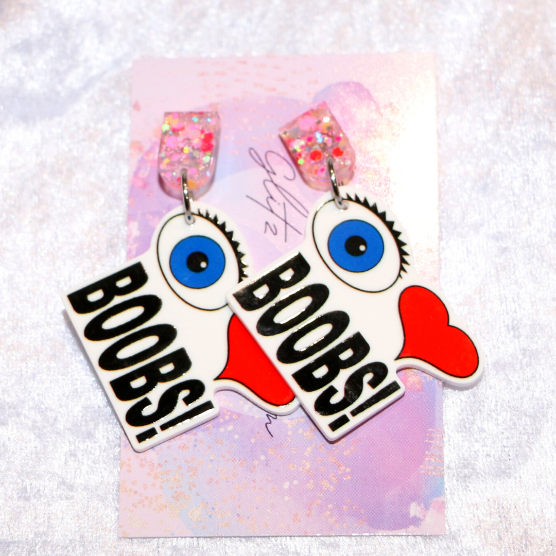 I Love Boobs 18+ Slogan Earrings