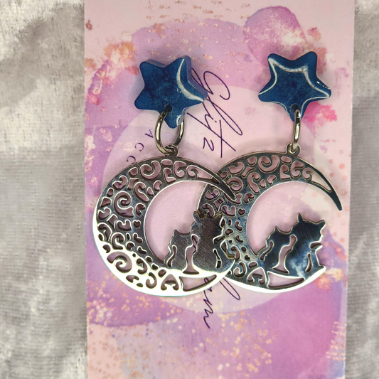 Cat On The Moon Stainless Steel Earrings