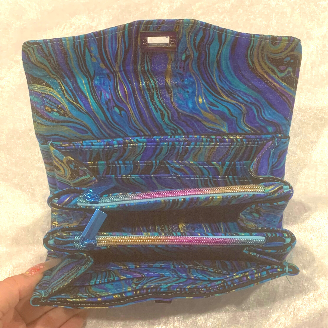 Blue & Gold Swirl Glitz Double Zip Wallet