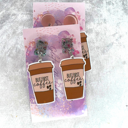 But First Coffee Slogan Earrings