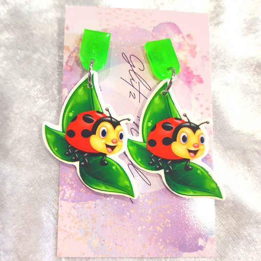 Lady Bug on Leaf Earrings