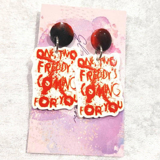 One, Two, Freddy's Coming For You Slogan Earrings