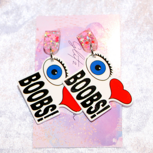 I Love Boobs 18+ Slogan Earrings