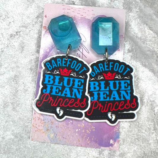 Barefoot Blue Jean Princess Slogan Earrings